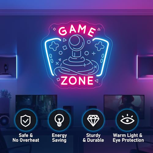 Image of Game Zone Neon Sign Game Room Neon Sign Gaming Zone LED Neon Light Gamer Wall Decor Light up Signs for Man Cave Bedroom Party Decoration Ideal Chritmas Gifts for Boys