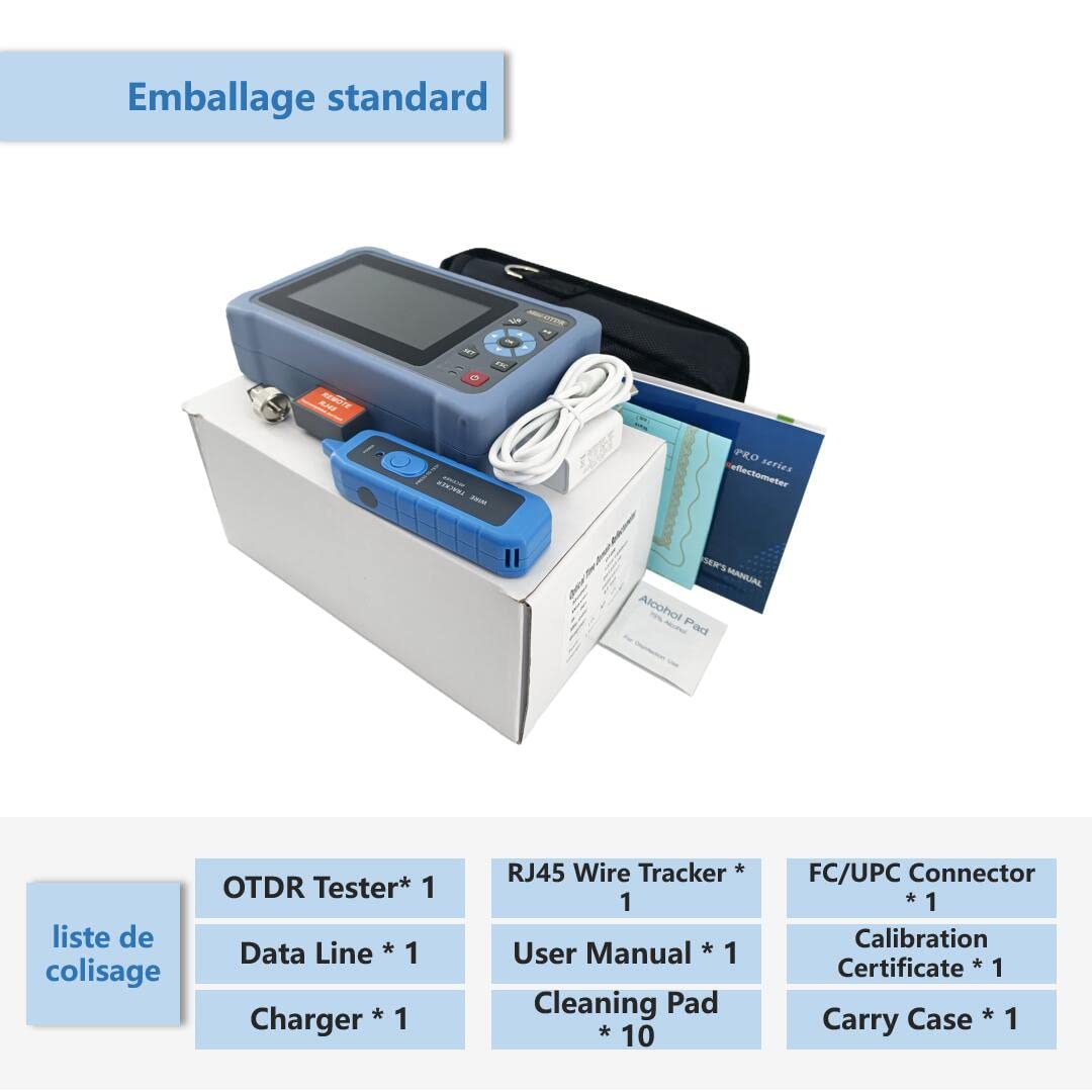 OTDR Fibre Optique 1310/1550nm 26/24dB avec écran tactile de 4,3 pouces, Reflectometre fibre optique OTDR 11-en-1 avec carte des événements VFL OPM OLS RJ45, connecteurs FC/UPC SC ST LC inclus
