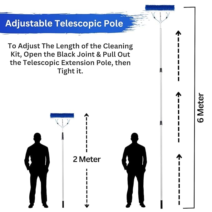 Image of Kenbrook Solar 6 Meter Long Solar Panel Cleaning Kit with 30 cm /1 Foot Nylon Brush Lightweight & 180 Rotatable Brush Head, Water Fed PU Pipe & Adjustable Telescopic Extension Pole from 2 to 6 Meters