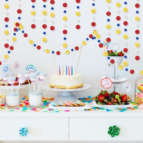 Image of Outus 5 Pieces Colorful Circle Garland Banner Hanging Paper Dot Decorations for Classroom, Birthday Party, Baby Shower, Wedding Backdrop & Photo Booth Graduation Decor (Red,Blue,Yellow)