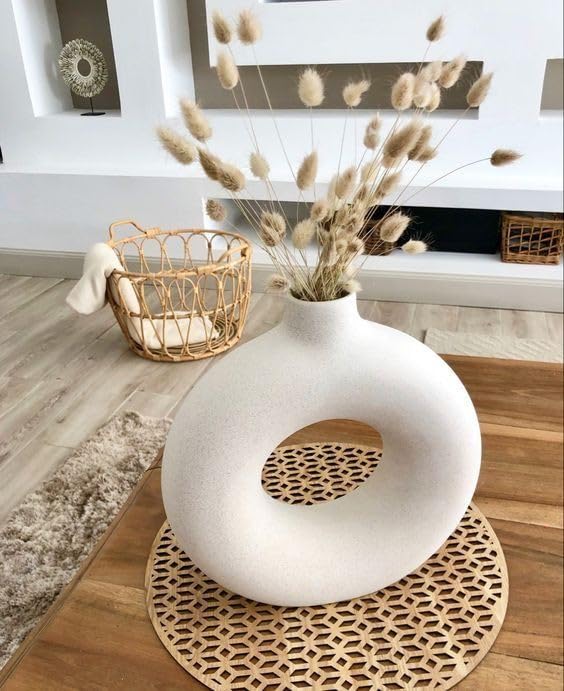 Image of 6 & 8 inch Inch White Ruf Ring 1 Pcs Ceramic Vase for Dinning Table| Vases for Home Dcor, Living Room Vase, Antique Home Dcor Vase, Living Room Flower Vase, Donut Vase (Only Vase)