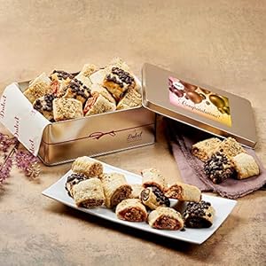 Dulcet Gift Baskets Congratulations All Flavored Flaky Rugelah Gift Tin Assortment- Chocolate Chip-Cinnamon Sugar- Raspberry -Apricot- Gift for for Men, Women, Corporate, Friends & Family