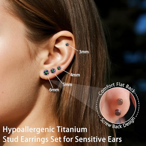 limerencia 4 Pairs G23 Hypoallergenic Flat Back Titanium Earrings Set for Women Men,20G 3-6mm Screw Back Cubic Zirconia Studs Cartilage Earrings for Sensitive Ears2