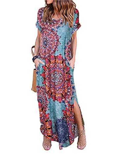DITTMURI Women's Casual Maxi Dress with Pocket Boho Damask Loose Short Sleeve T-Shirt Long Dresses S