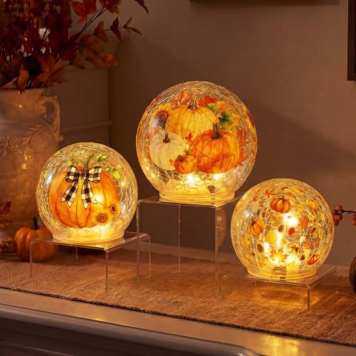Image of Glooglitter 3 Pcs Fall Crackle Glass Ball Lights Fall Tabletop Decor Pumpkin Globe Lamp LED Sphere Night Light for Home Indoor Bedroom Autumn Party Table Decoration