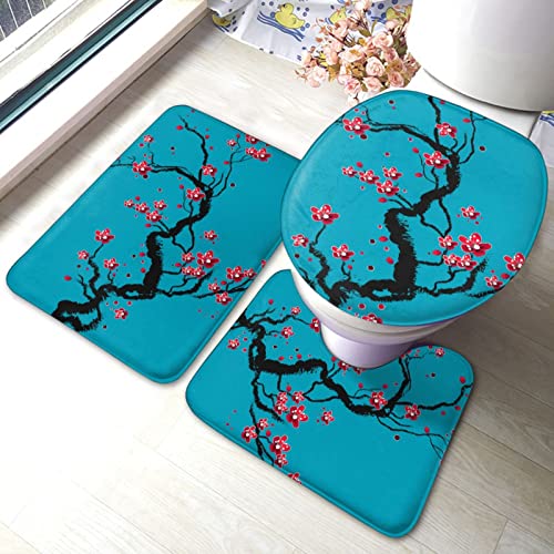 DIRYKILP Badematte + Konturmatte + Toilettendeckelbezug, Kirschblüten 3 Stück Badematte Set, mit rutschfester Klebeunterseite