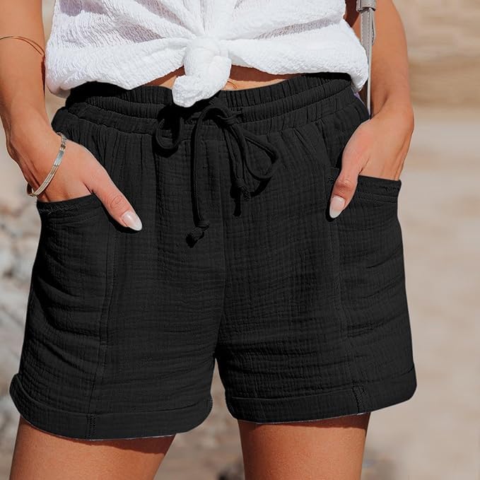 Women's High Waist Lace Up Loose Wide-Leg Shorts Beach Flowy Short Pants Drawstring Palazzo Capri with Pockets2