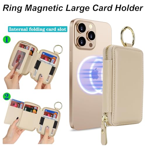 Image of Compatible with MagSafe Wallet,Magnetic Phone Wallet Card Holder for iPhone 17 /16 Pro Max /15 plus /14 Pro /13 /12 Series,PU Leather Zipper Pocket Adjustable Stand-Beige