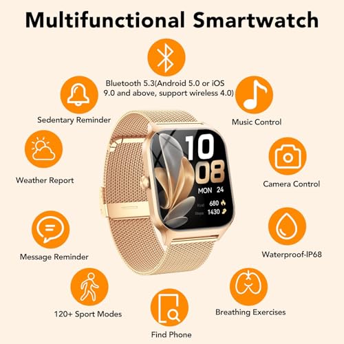 Image of Smart Watch for Women with Bluetooth Calling, Fashion Fitness Tracker, 1.85 inch HD Touch Screen, AI Voice Assistant, Heart Rate Sleep Monitor, 120+ Sports Modes, Compatible with Android iPhone, 2 Bands