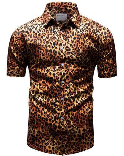 fohemr Hommes Léopard Chemise à Manches Courtes Button Down Motif Animal tigré Chemise d'été Jaune Large