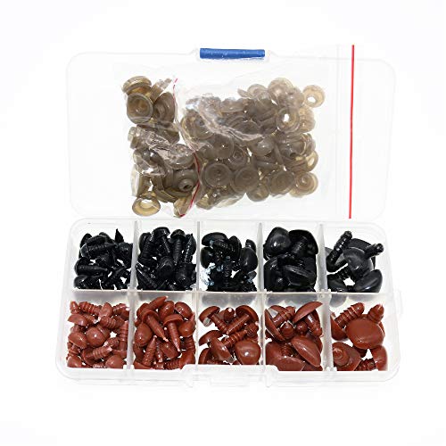 BITEYI Coloré Plastique Nez de sécuritéet avec Rondelles 130 pièces 8-16mm DIY Craft Nez,pour Poupée,Marionnettes,Animaux en Peluche (BlackBrown)
