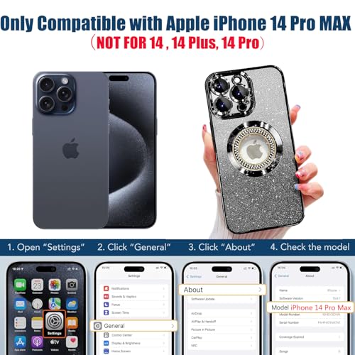 Image of Misscase for iPhone 14 Pro Max Magnetic Glitter Case Compatible with MagSafe,Full Protection Slim Shockproof Anti-Scratch Case with Camera Lens Protector Logo View Dust-Proof Net for Women Black