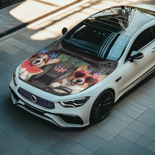 Image of Cute American Dog Car Hood Cover Polyester Elastic Fabrics Can be Washed Suitable for Large SUV and Pickup Trucks
