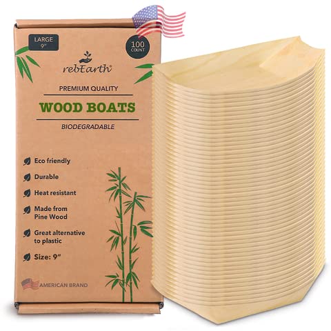 rebEarth Bamboo Wood Serving Boats 100 Pack 9 Inch Disposable Large Boats for Wedding Catering Buffet and Hors doeuvres Eco-Friendly Bamboo Plates