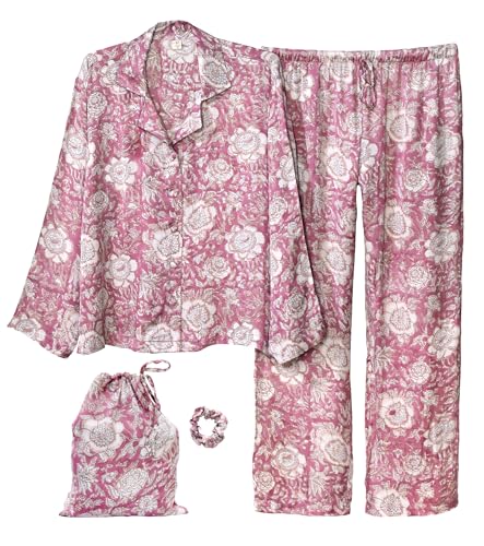 Huar Women’s Premium Silk Pajama Set - Floral Print Button-Down Nightwear, Luxury Lightweight Pure Silk Loungewear Set with Pants (US, Alpha, Medium, Regular, Regular, Pink)