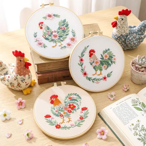 Image of Mindsoft 3 Set Needlepoint Kit for Beginners with Hoop,Flower Rooster | Bamboo Hoop Thread Needles Instructions, Easy Hand Embroidery for Beginners Home Crafts,Pre-stamped Funny Cute Designs