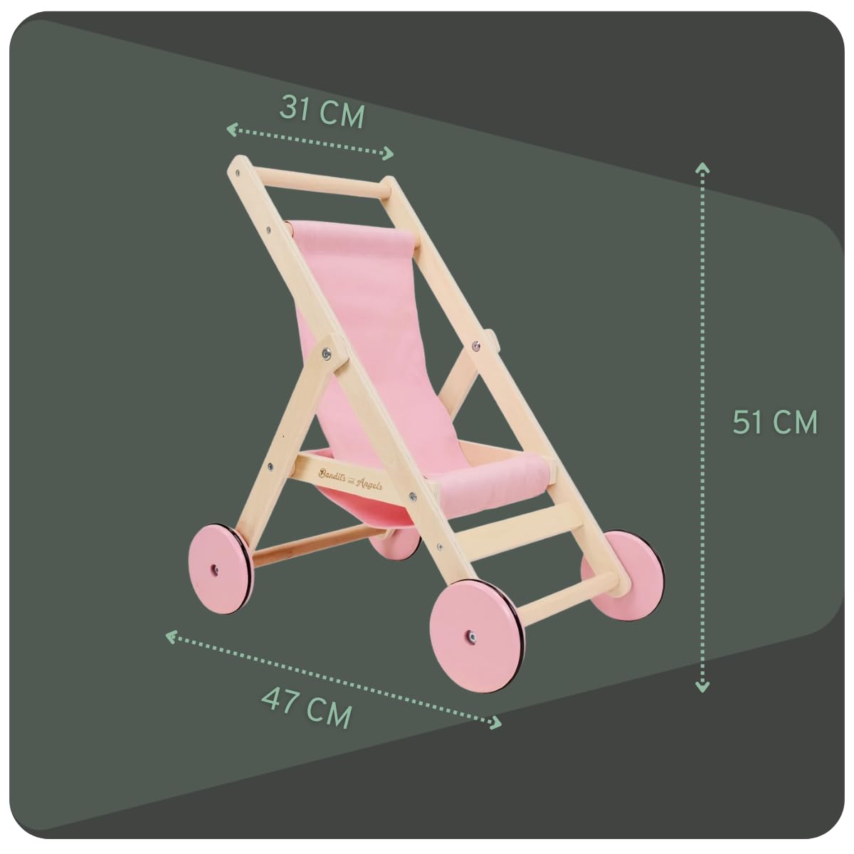 Bandits & Angels Puppenbuggy Lovely Flowers aus Holz – ab 2 Jahren – Puppenwagen aus Holz – für Puppen bis 50 cm – Puppenwagen Rosa mit Blumen – Puppenbuggy