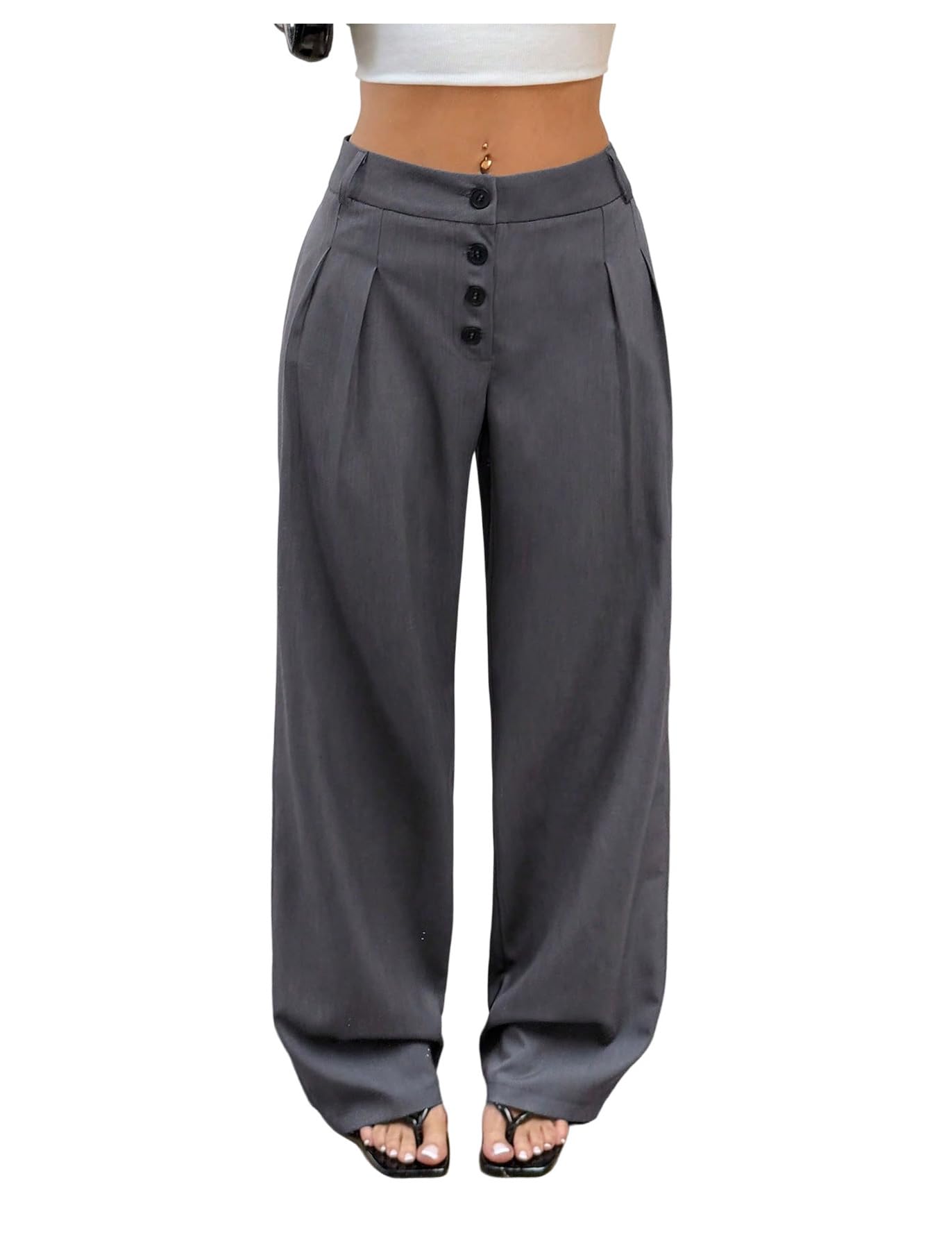 GORGLITTER Womens Pleated Wide Leg Dress Pants Baggy Button Fly Suit Pants Dressy Trousers with Pockets