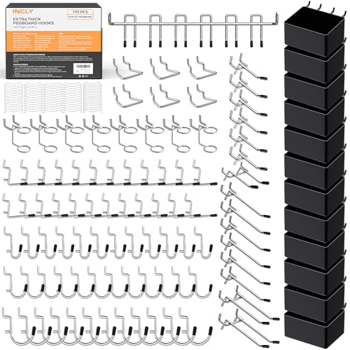 INCLY 170PCS 1/4 Inch Pegboard Hooks Kit with Bins & Peg Locks | Extra Thick Heavy Duty, Peg Board Organizer Accessories Assortment, For 1/4″ Pegboard Hanging Tools Garage Wall Attachment