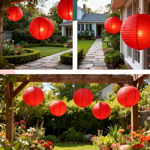 Image of Red Chinese Paper Lanterns with LED Lights, 10-Pack 10inch | Hanging Lights for Chinese New Year, Anniversary, Birthday Decorations, Ceiling Decor & Home Party