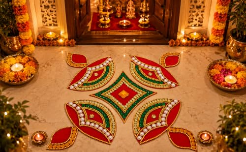 Image of 078 Red Designer Handcrafted Decorative Diwali Rearrangable Kundan Rangoli for Floor Decoration Set of 5pcs,Plastic