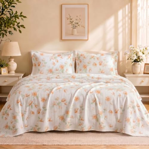 Image of SANMARINO Cloud Cotton 210 TC King Size Bedsheet with 2 Pillow Covers | Ultra Soft & Breathable | Floral Design Bedding Set | Hotel-Quality Comfort for a Luxurious Sleep | 270 x 250 cm | Peach Blossom