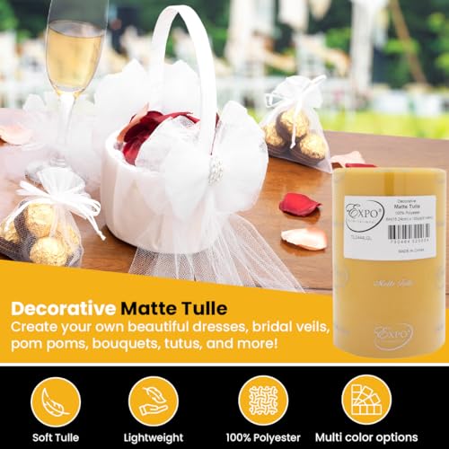 Image of Expo International Decorative Matte Tulle, Roll /Spool of 6 inch X 100 Yards, Lightweight Polyester Tulle Fabric for Tutus, Costumes, and Party Decorations, Washable, Easy-to-Use, Light Gold