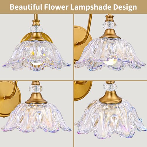 Image of 1 Piece Vintage Wall Sconce with Floral Rainbow Glass Shade, Matte Brass Finish Wall Mount Lighting for Bathroom,Vintage Bathroom Vanity Light Fixtures