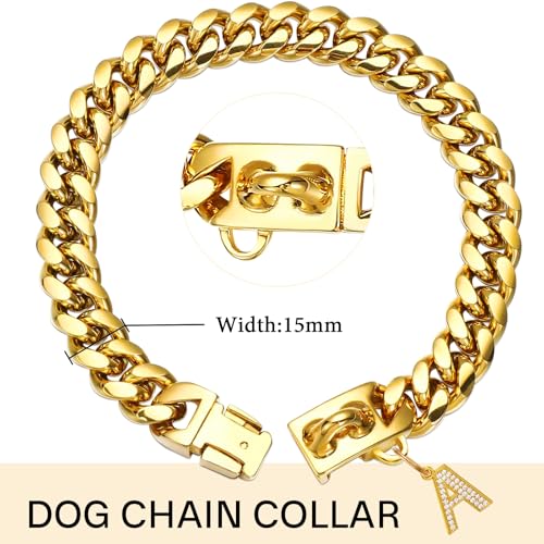 15mm breite goldene Hundekette mit Anhänger,18K vergoldete Edelstahl-Walking-Ketten aus kubanischen Gliedern,Starke,kausichere Halsbänder für kleine und mittelgroße Hunde (50cm)