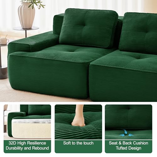 Image of 116.1 inch Modular Sectional Boneless Sofa with 5-Seater, V-Shaped Corner Deep Seat Sofa for Living Room, Big Comfy Cloud Couch with 2 Movable Ottomans, Corduroy Fabric, No Assembly, Green