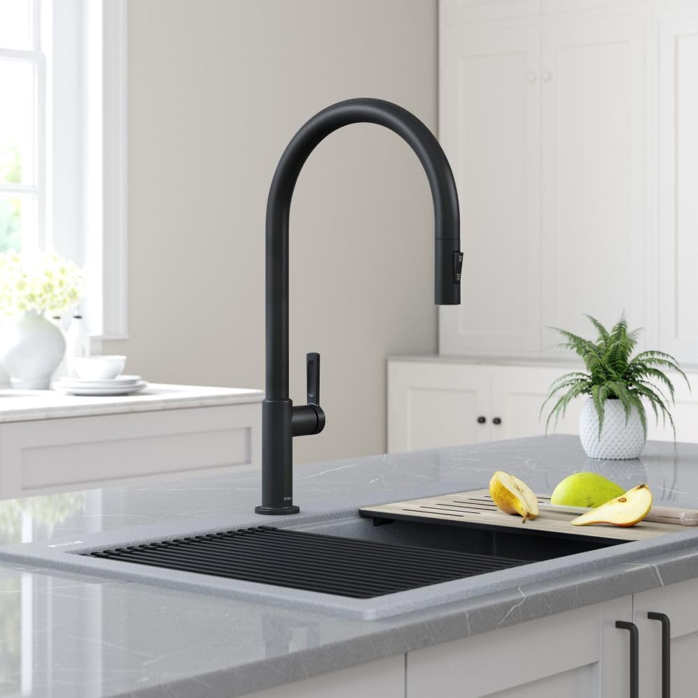 KRAUS Oletto High-Arc Single Handle Pull-Down Kitchen Faucet in Matte Black, KPF-2821MB Matte Black 21 Inch High Arc Faucet