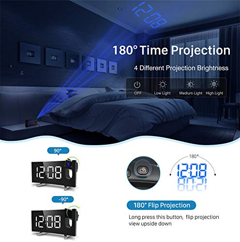 PICTEK Projection Digital Clock Radio for Bedrooms Ceiling with USB Phone Charger, 5'' Large Curved LED Display, 6 Dimmer, Dual Alarms with 4 Sounds, Snooze, 1.white - Thumbnail 4