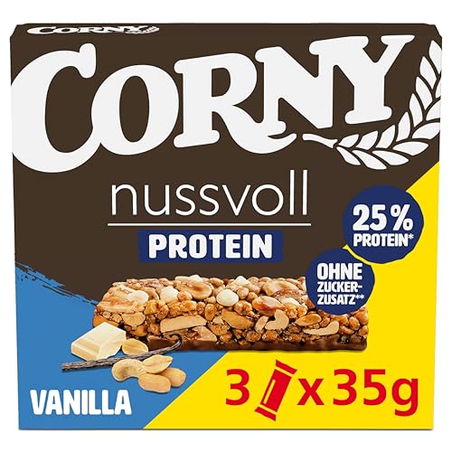 Corny Nussvoll Protein Vanilla | Nussriegel & Proteinriegel ohne Zuckerzusatz | Mit 36% Nüssen & 25% Eiweiß | 3 x 35 g