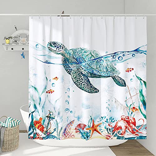 DESIHOM Coole Meeresschildkröten-Duschvorhänge für Badezimmer, lustig, Ozean, nautischer Duschvorhang, Strand, Küste, extra lang, hoch, Badezimmer-Dekoration, Polyestergewebe, 182,9 x 213,4 cm Cover
