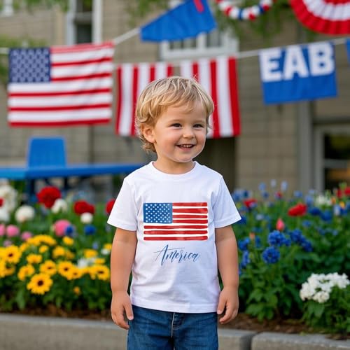 Image of Toddler Boys Girls 4th of July Short Sleeve Shirt - Kids Patriotic American Flag Memorial Day USA Tops 2-7T