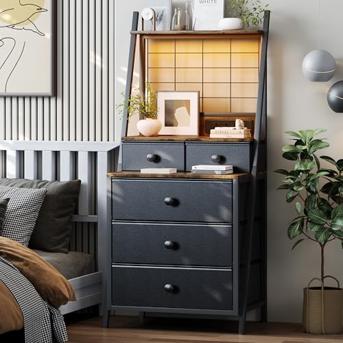 Gyfimoie Tall Night Stand with Charging Station, Black Nightstand with 5 Drawers LED Night Stand...