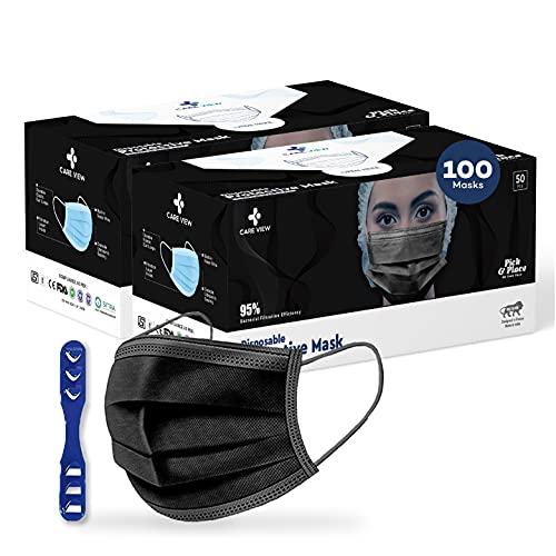 Image of 3 Ply Disposable Cotton Face Masks (Pack of 100, Black) for Unisex with Nose Pin BIS, (ISI) Certified Mask with Melt Blown Layer