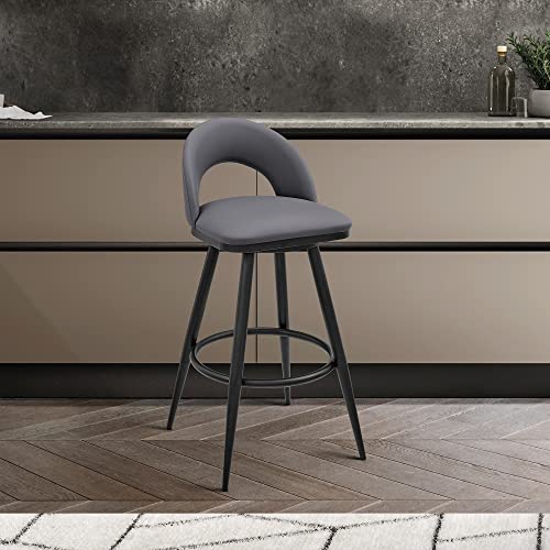 Armen Living Charlotte Swivel Bar Stool in Black Metal with Grey Faux Leather