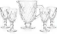 Jogo de Jarra De Vidro Diamante 1,2L 4 Taças 330ml Transparente Água Suco Conjunto Kit Mesa Posta Área Gourmet Suco Drinks Buffet Restaurante Bar Eventos Presente