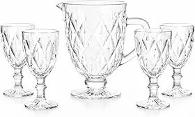 Jogo de Jarra De Vidro Diamante 1,2L 4 Taças 330ml Transparente Água Suco Conjunto Kit Mesa Posta Área Gourmet Suco Drinks Buffet Restaurante Bar Eventos Presente