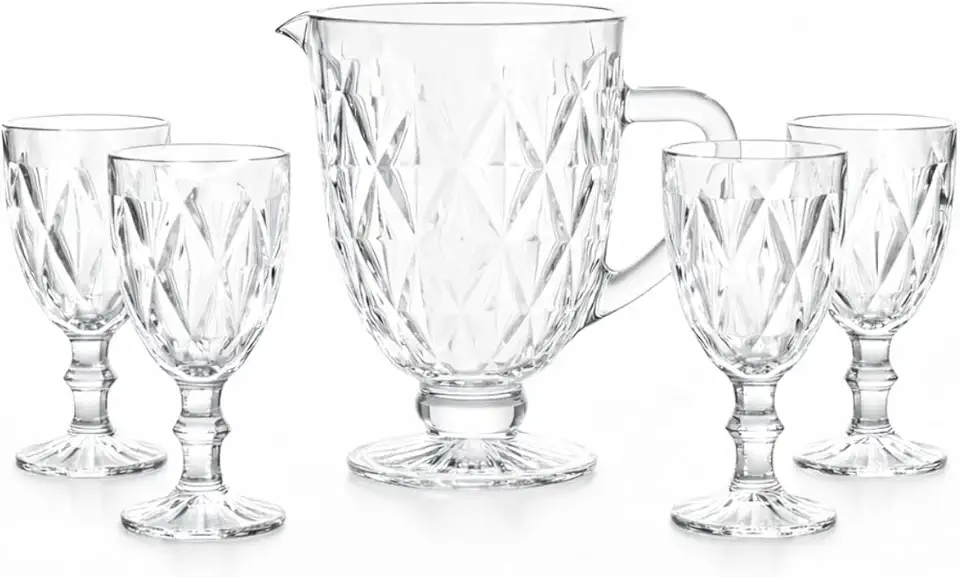 Jogo de Jarra De Vidro Diamante 1,2L 4 Taças 330ml Transparente Água Suco Conjunto Kit Mesa Posta Área Gourmet Suco Drinks Buffet Restaurante Bar Eventos Presente