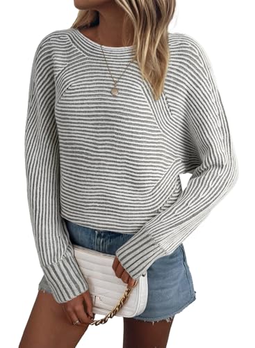 Image of EVALESS Striped Sweaters for Women Boat Neck Batwing Sleeve Oversized Pullover Sweater Tops Womens Fall Clothes Outfits