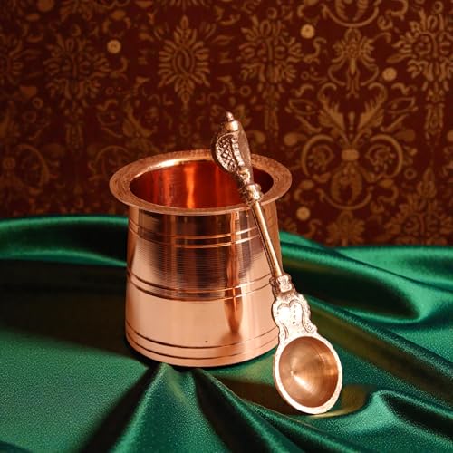 Image of Copper Embossed Panchapatra Udharini Set with Snake Head Design Udarini | Heavy Weight Pooja Accessory for Home | Pooja Glass and Spoon for Charnamrit | Height: 2.5 Inch, Weight: 170 gm