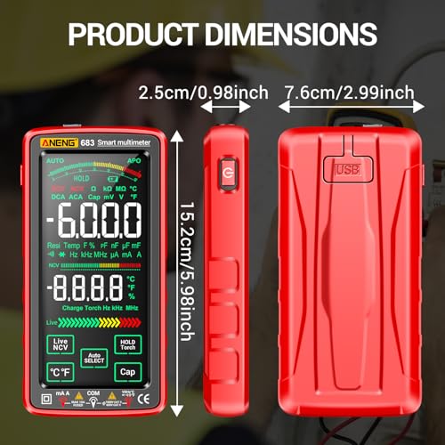 Image of Smart Multimeter, Digital Multimeter Tester with Touch Screen 6000 Counts Auto Ranging Rechargeable A Reverse Display NCV Tester with Flashlight for Electricians, DIY (Red)