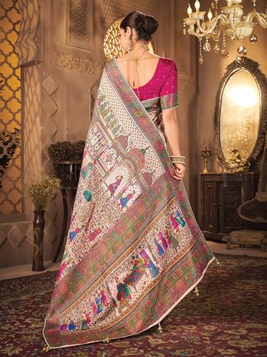 Image of Glory Sarees Women's Luxurious Dola Pure Silk Original Saree Position Print Work Madhubani Inspired Motifs Banarasi Kanjivaram Style Saree With Blouse Piece (Elegant101 Parent)