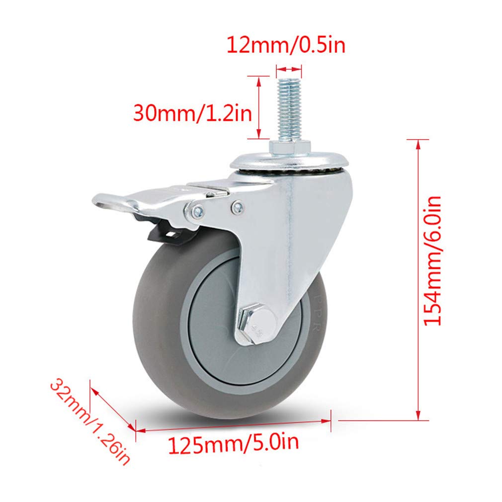 Zestaw 4 wytrzymałych kółek skrętnych z szarej gumy TPR, mocowanie śrubowe M12x30mm, ciche i wymienne do wózków, wózków i stołów warsztatowych - Kompatybilność z uniwerami