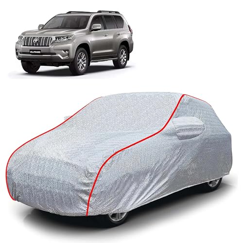Image of Sulfar 100% Waterproof Car Body Cover Compatible with Mirror for Toyota Land Cruiser Prado (Triple Stitched, Full Bottom Elastic, Magic Silver with Red Piping)