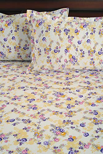 Image of Swayam Pure Cotton King Bedsheet with 2 Pillow Covers | Size 108 x 108 inch | 160 TC | Floral Design | Soft Breathable Bed Sheet | Comfortable & Durable for Bedroom - Cream & Purple