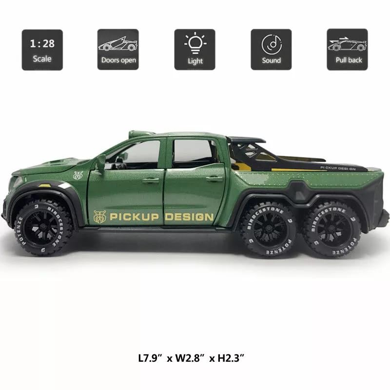 Image of 1:28 Pickup X-Class Model Car Diecast Zinc Alloy Pull Back Toy with Sound & Light Realistic Design Durable Kids Toy for Boys & Girls Collectible Gift 3+ Years (Green)