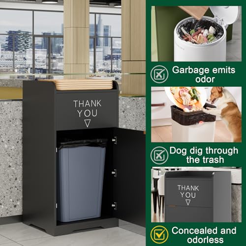 Image of Restaurant Trash Can Cabinet with Tray Holder, 35-Gallon Commercial Indoor for Restaurants, Cafes, Kitchens, and Dining Areas, Durable Garbage Bin with Storage, Black